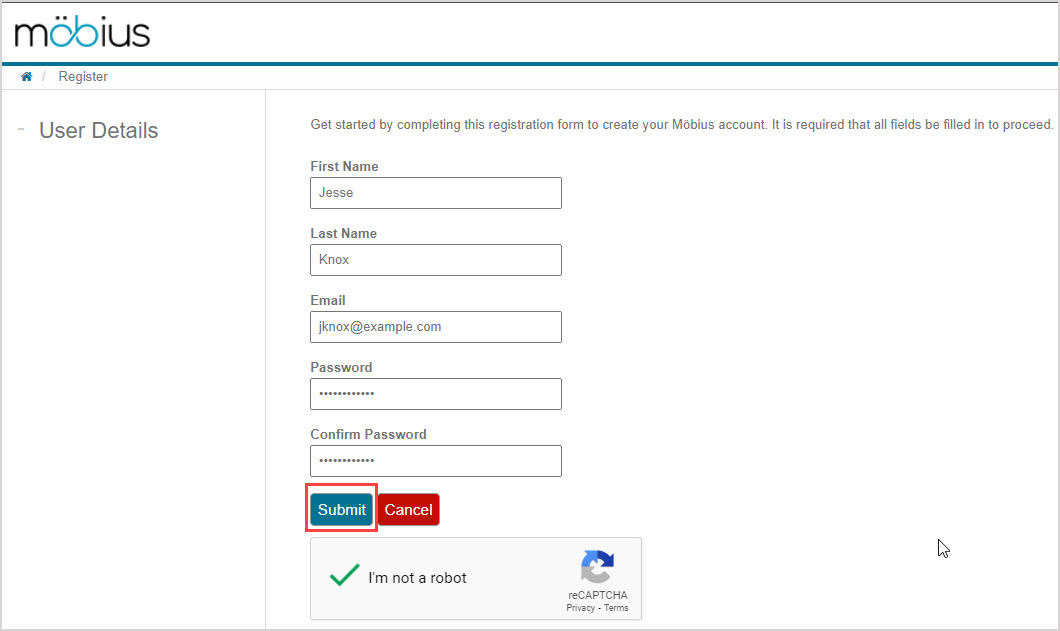 The Submit button is after all of the fields of the registration form.